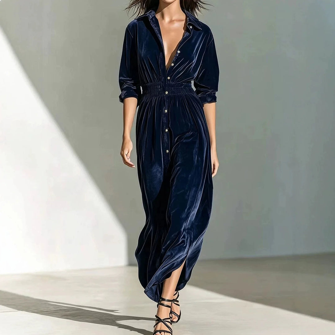 Dark blue velvet shirt dress with smocked waist, front view