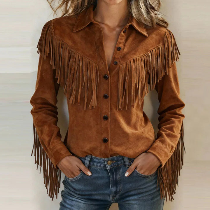Woman wearing dark brown fringe suede-look jacket with button front