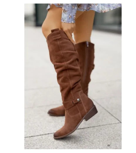 Brown suede knee-high slouch boots with side zipper, front view