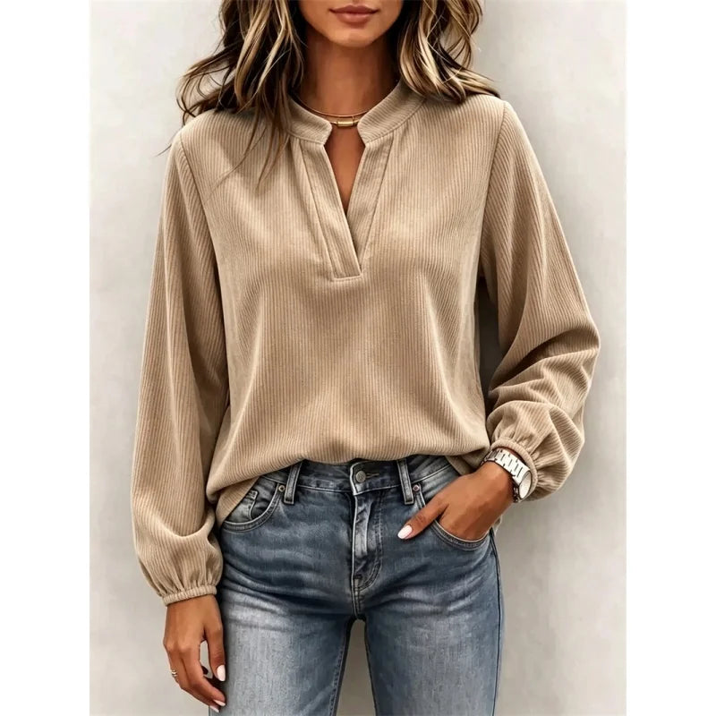 Khaki ribbed corduroy blouse with V-neck, front view