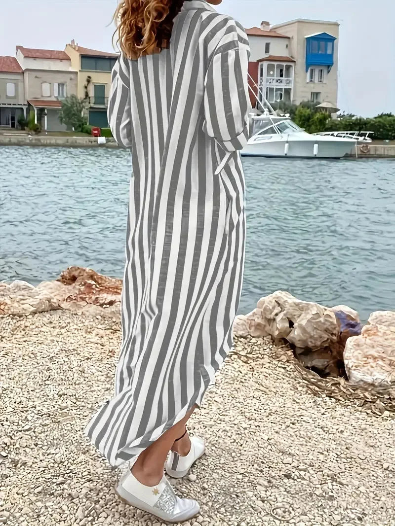 CelesseStriped Maxi Shirt Dress