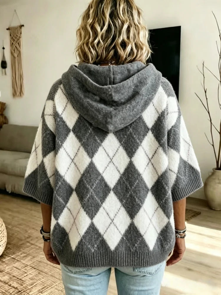 Charcoal argyle hooded knit sweater, back view showing hood