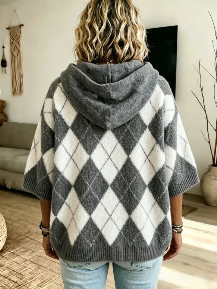 Charcoal argyle hooded knit sweater, back view showing hood