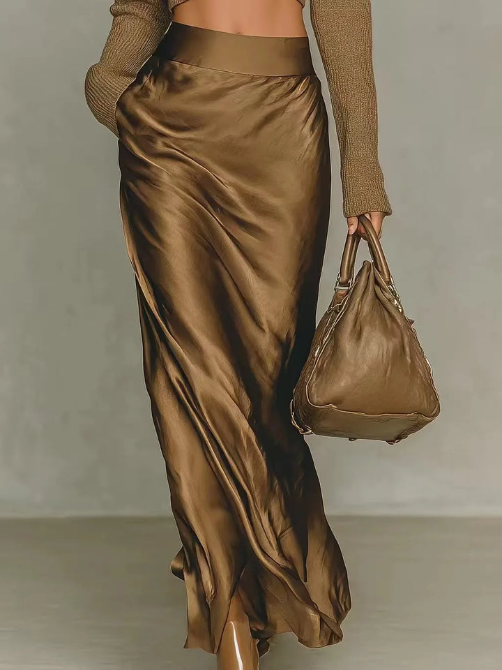 Coffee satin maxi skirt with side slit, back view