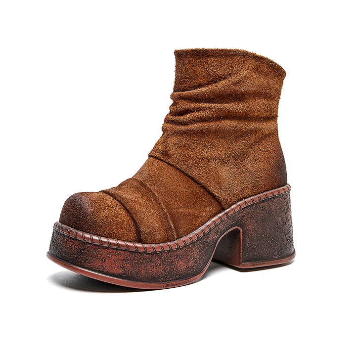Brown suede-look platform ankle boot side view