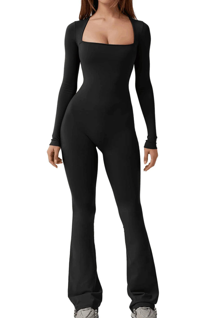 Black square neck fitted jumpsuit with flared wide leg pants, front view