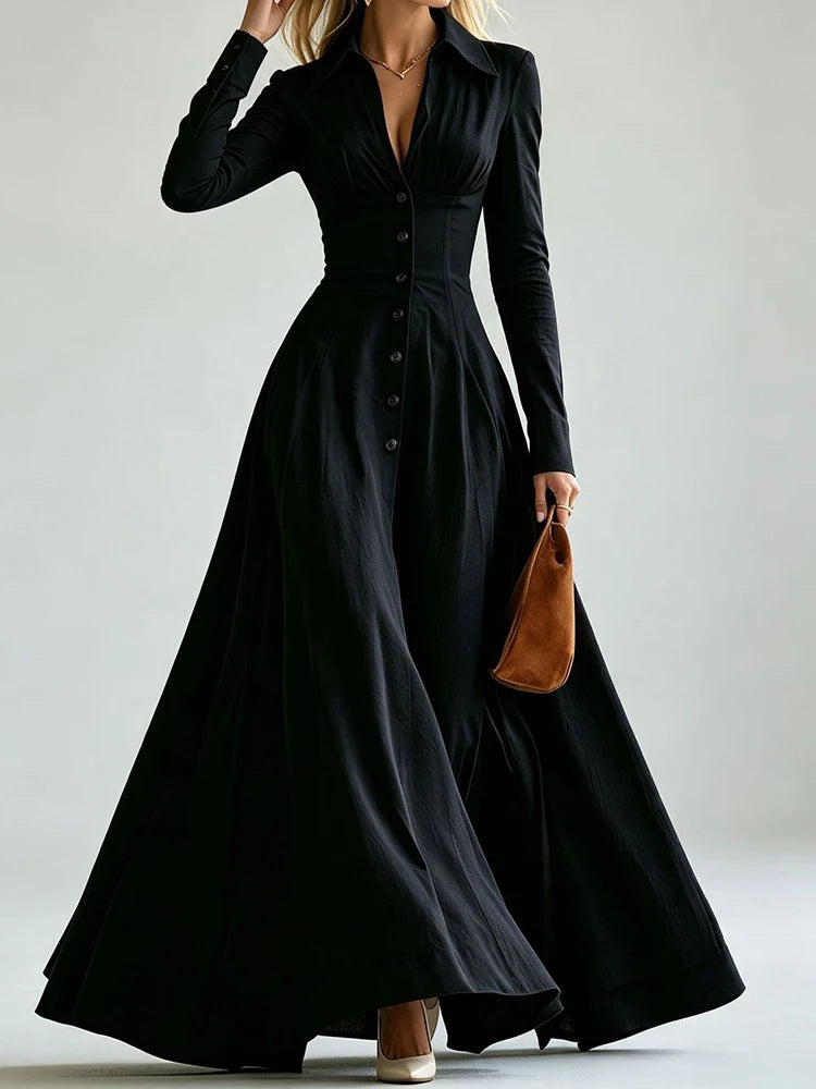 Black button front maxi dress, close front view