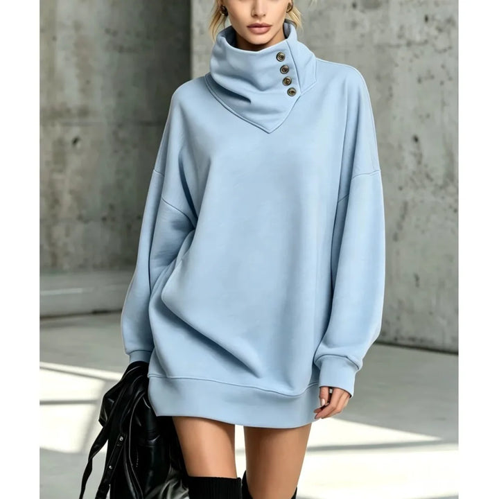 Sky blue sweatshirt dress with buttoned funnel collar, front view