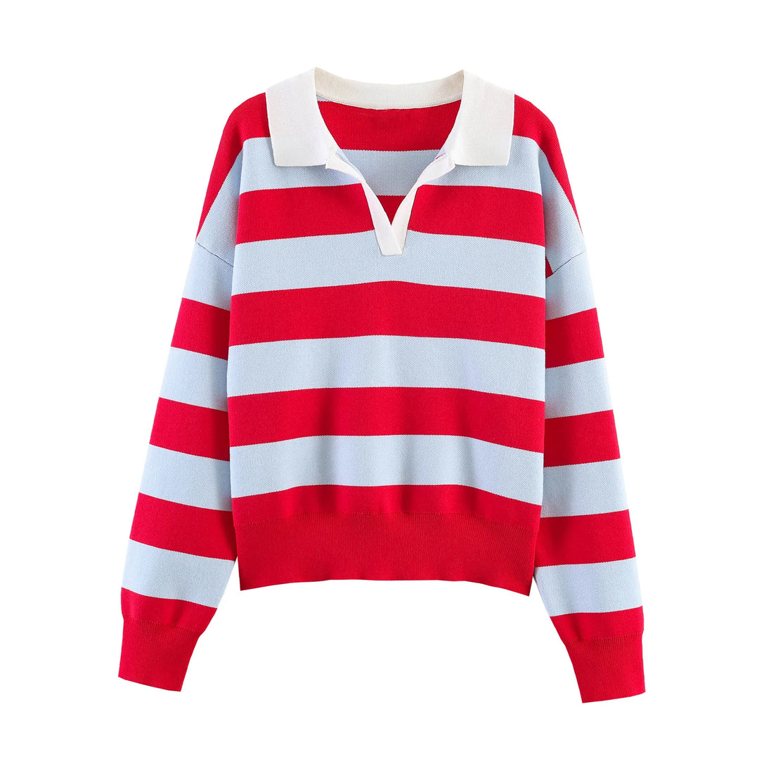 Red and light blue striped polo sweater with white collar, front view