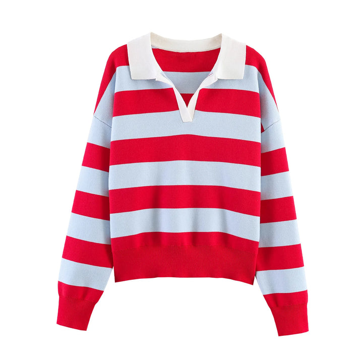 Red and light blue striped polo sweater with white collar, front view