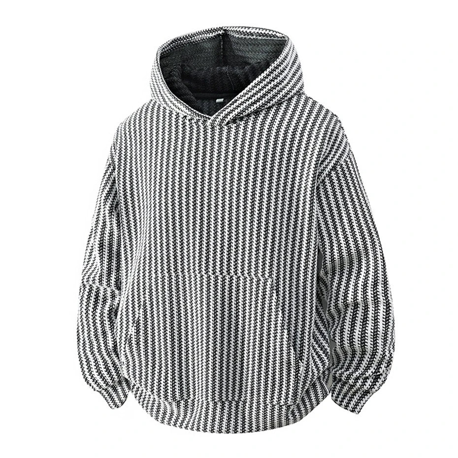 Black and white striped textured hoodie, front view