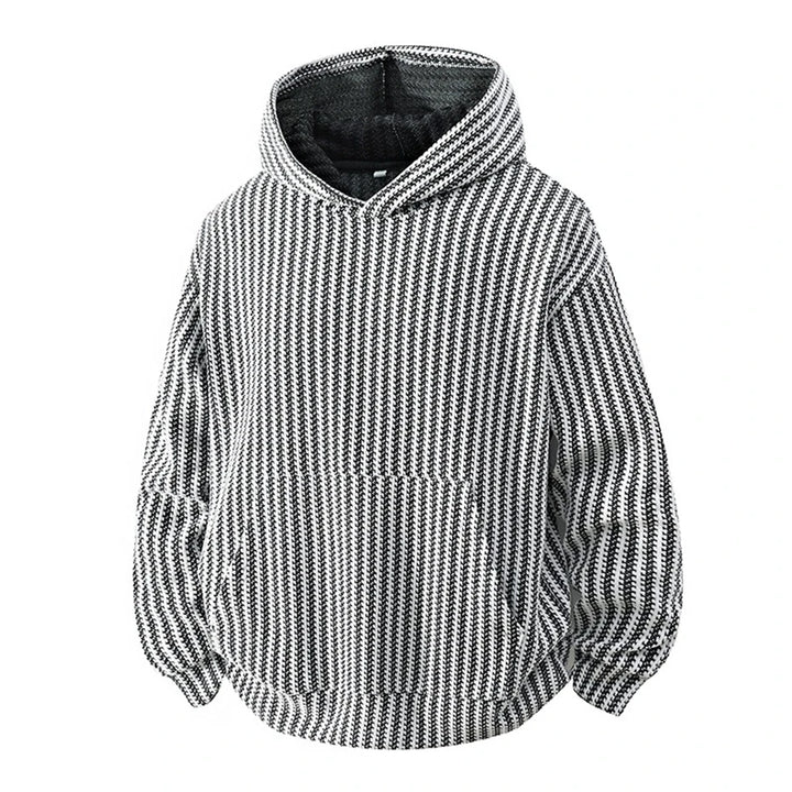 Black and white striped textured hoodie, front view