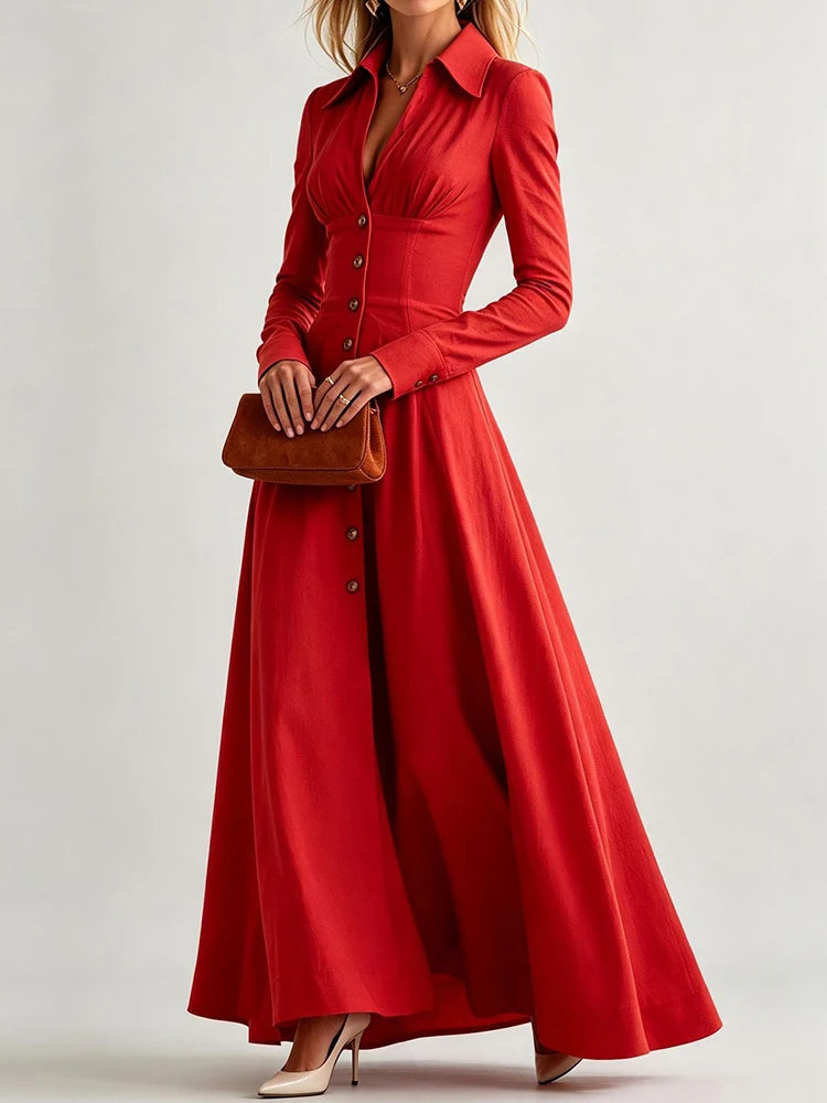 Red maxi dress side view showing A-line skirt