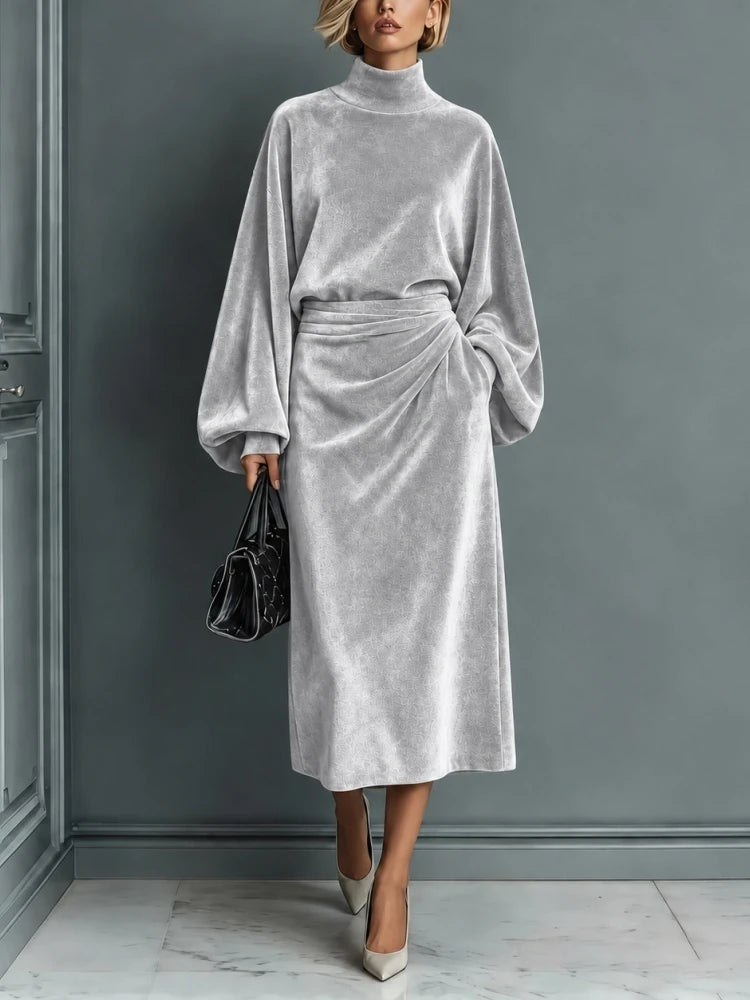 Silver grey velvet midi dress with ruched waist detail