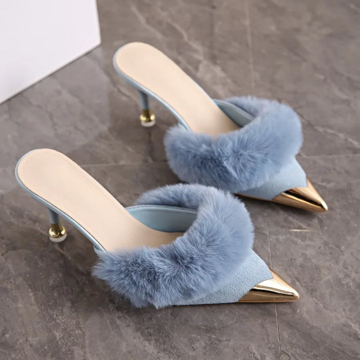 Blue faux fur trim pointed toe stiletto mules