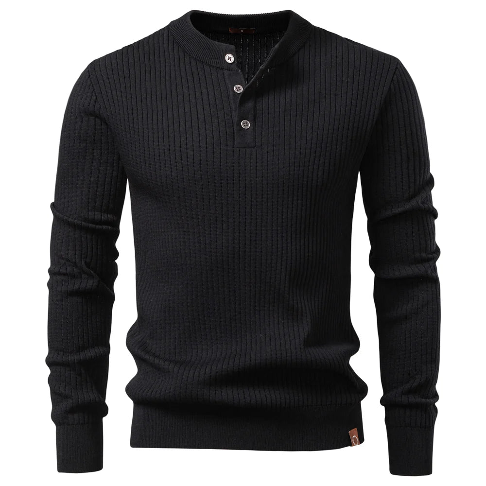 Black ribbed knit henley shirt front view