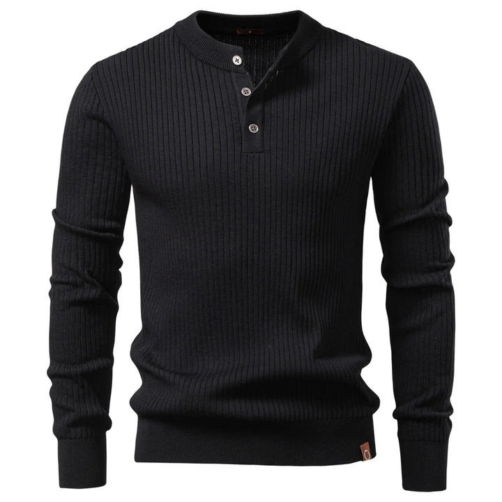 Black ribbed knit henley shirt front view