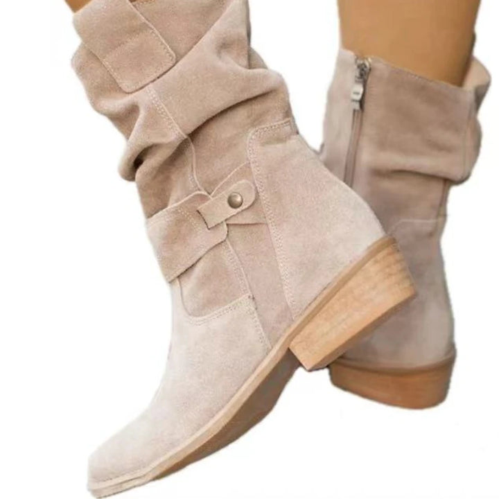 Apricot suede slouch ankle boots with side zip, close angle