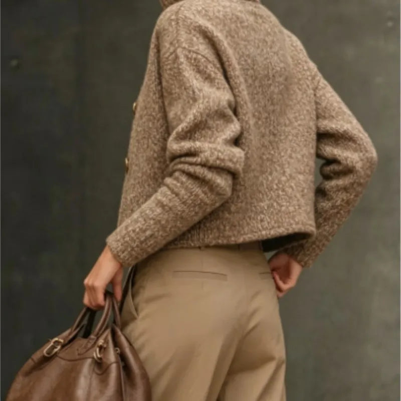 Back view of camel knit cardigan jacket