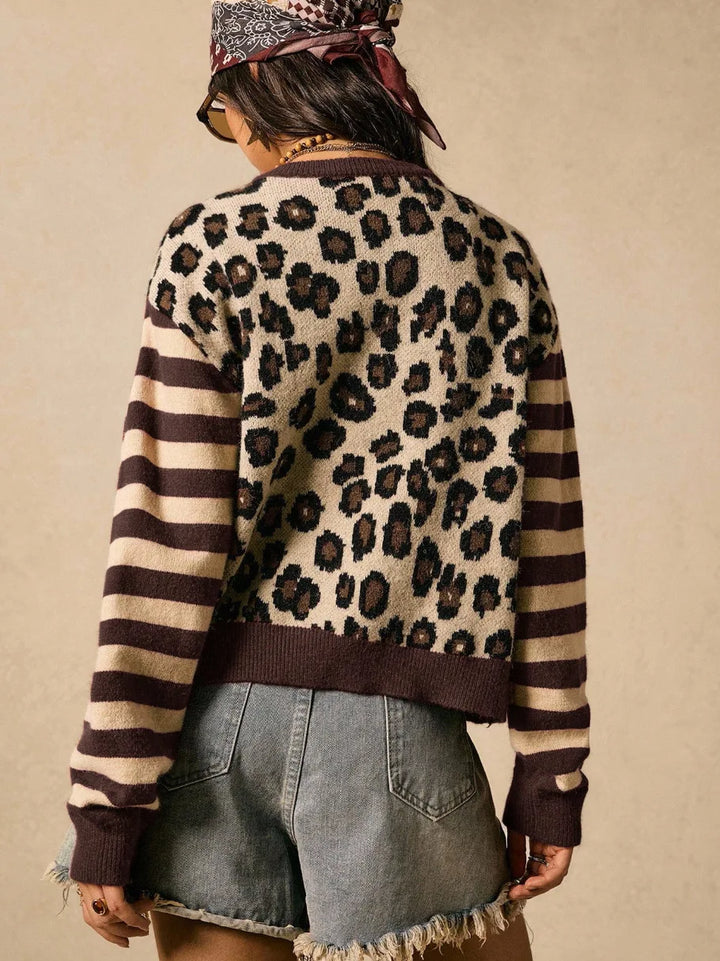 Back view of dark brown striped leopard print cardigan sweater