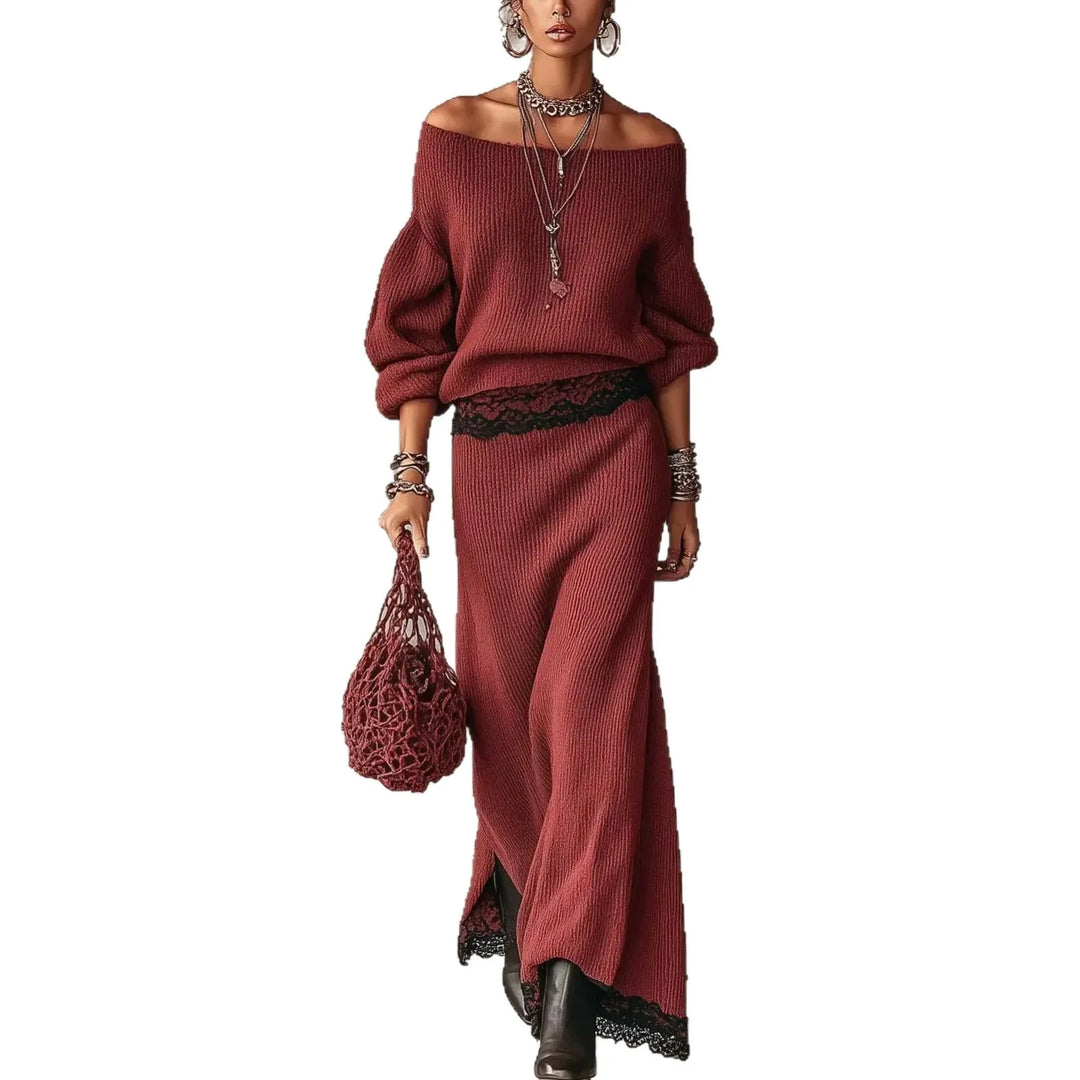 Woman wearing maroon ribbed knit off shoulder pullover and matching lace trim maxi skirt set