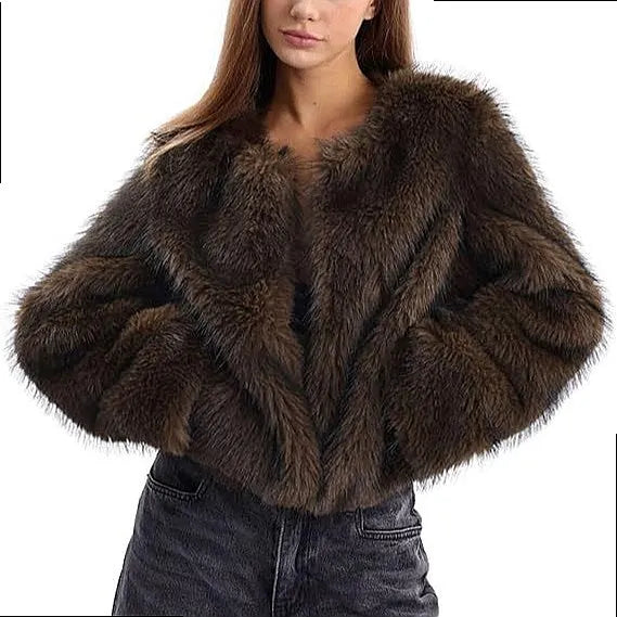 Woman wearing coffee brown faux fur cropped coat