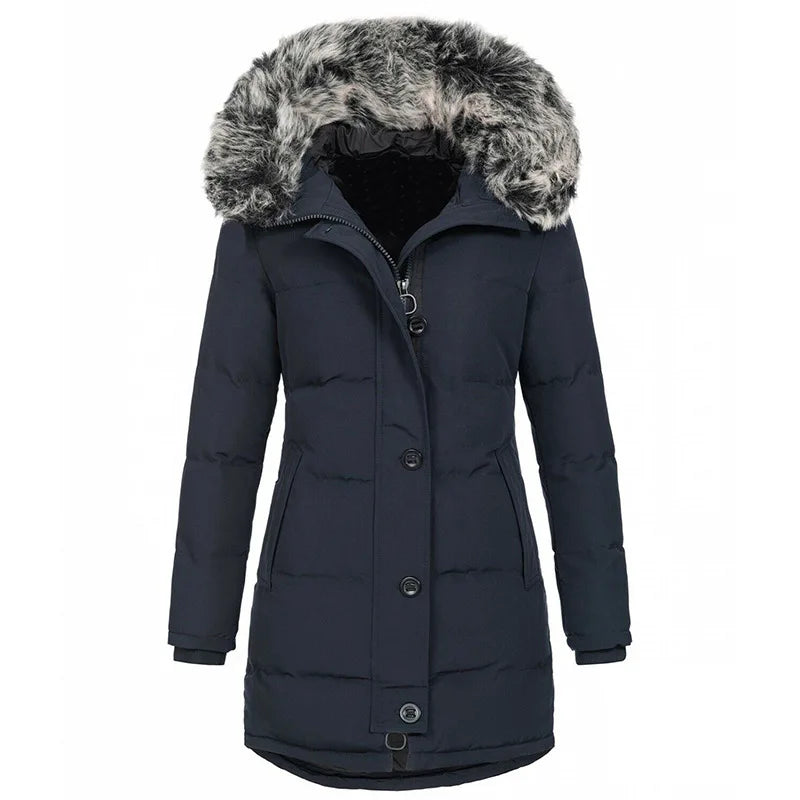 Dark blue hooded parka coat front view with faux fur trim