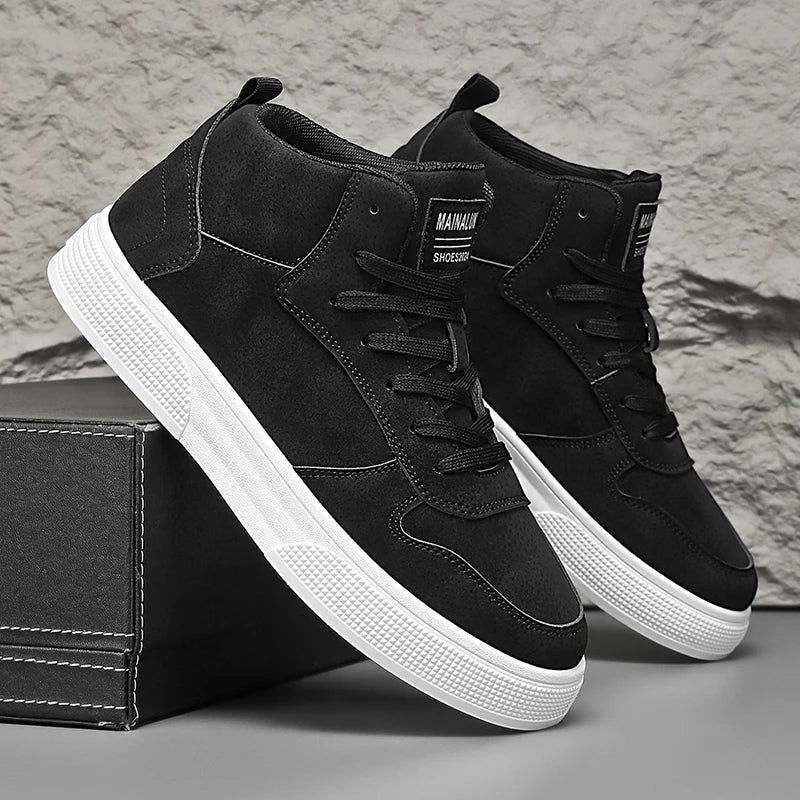 Black high-top sneakers with white chunky sole, side view pair