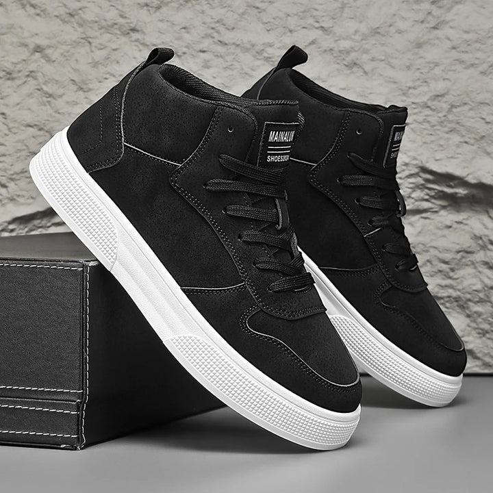 Black high-top sneakers with white chunky sole, side view pair
