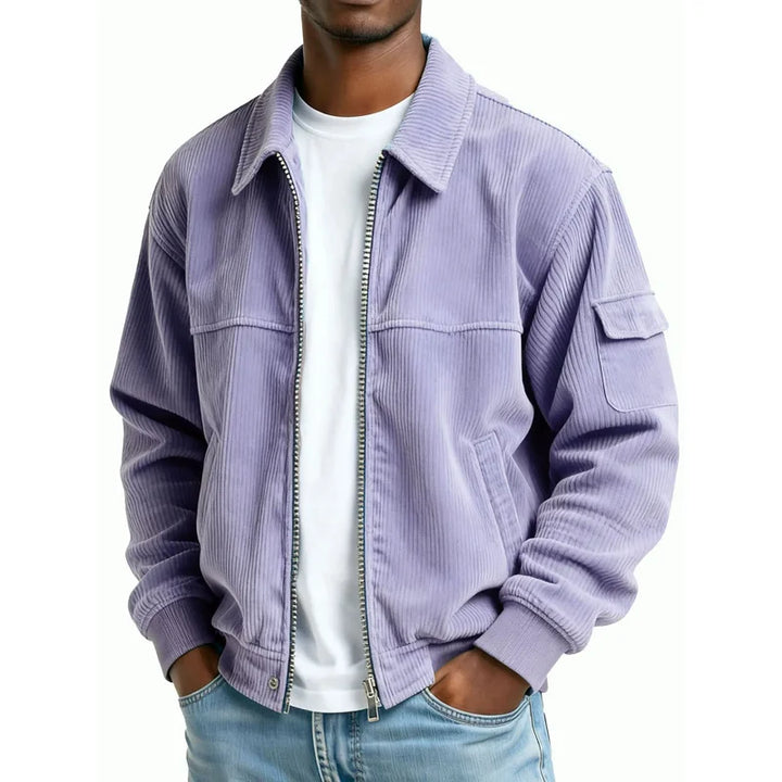 Man wearing purple corduroy zip jacket with flap pocket