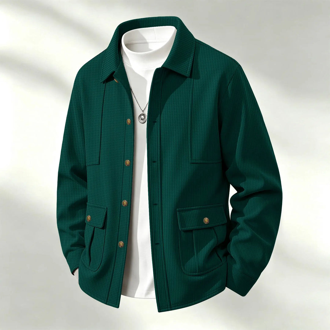 Dark green waffle knit shirt jacket with flap pockets on model form