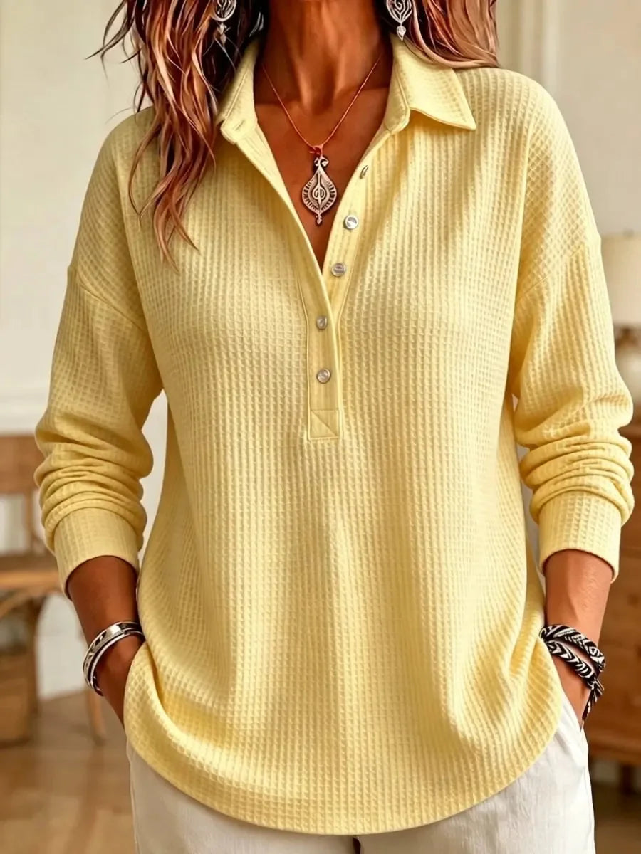 Yellow waffle knit polo shirt, front view