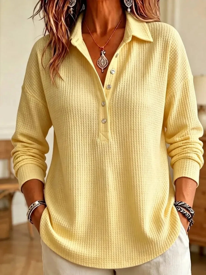 Yellow waffle knit polo shirt, front view