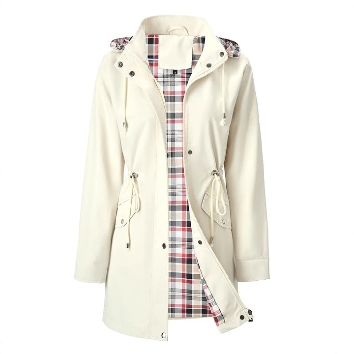 Ivory white hooded rain jacket with plaid lining, front view