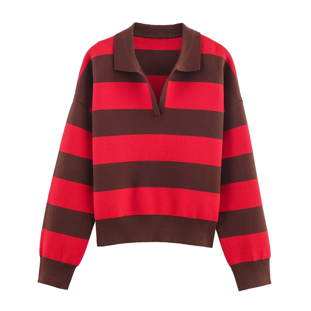 Red and brown striped polo sweater, front view