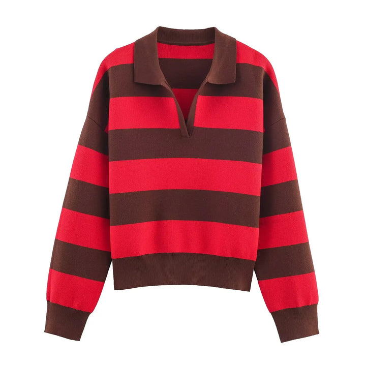 Red and brown striped polo sweater, front view