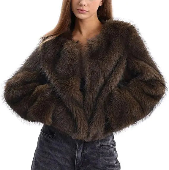 Woman wearing coffee brown faux fur cropped coat front view