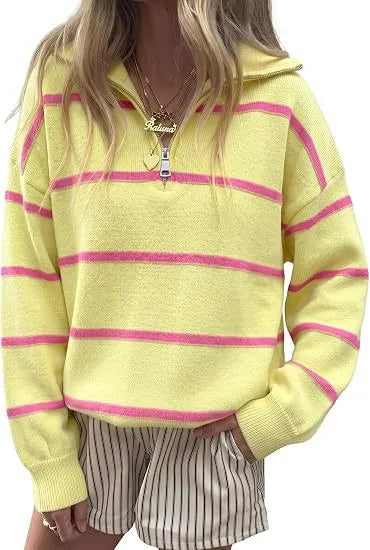 Yellow and pink striped quarter-zip sweater on model