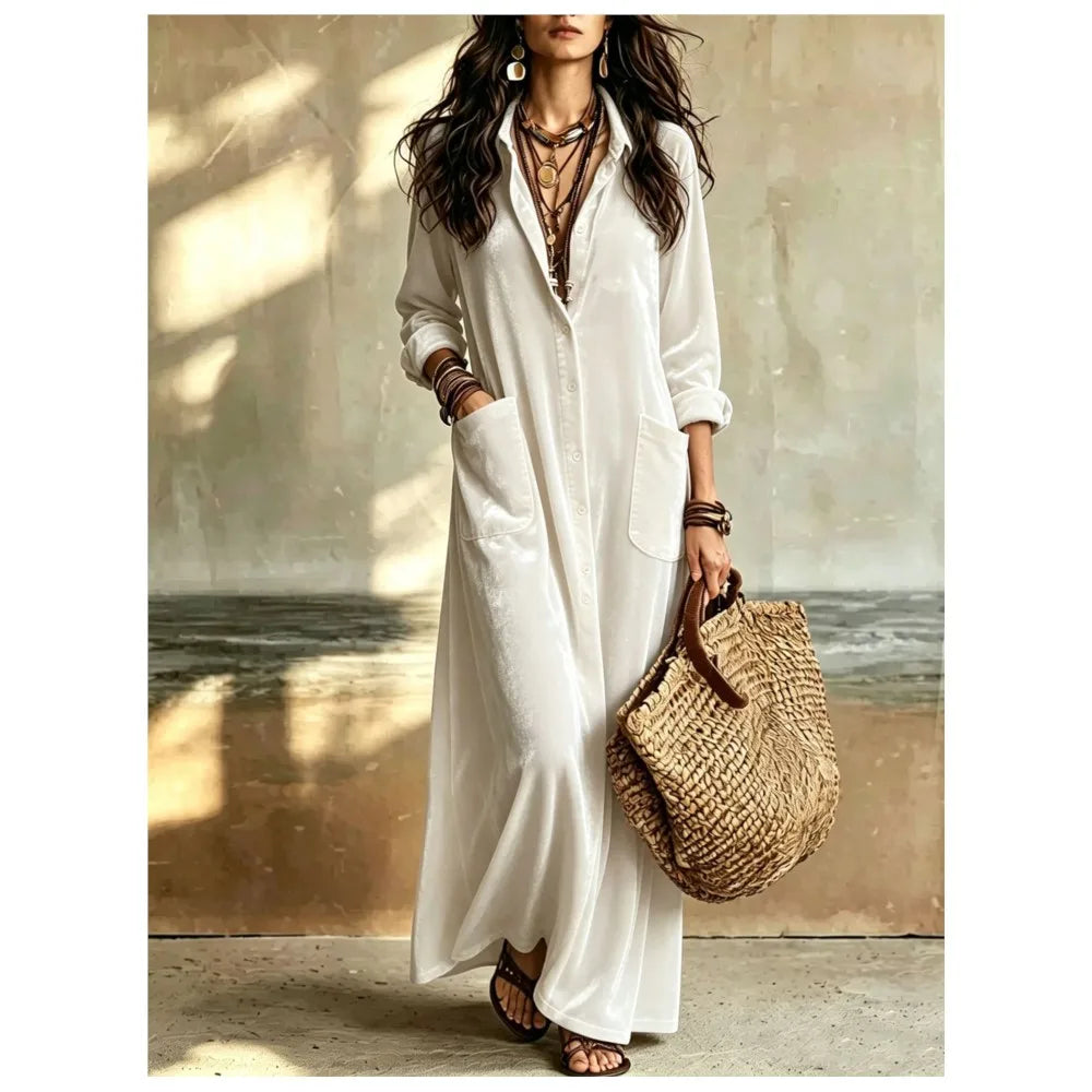 Woman wearing white velvet button front maxi dress with patch pockets