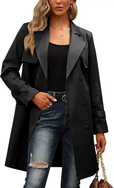 Woman wearing black double-breasted trench coat