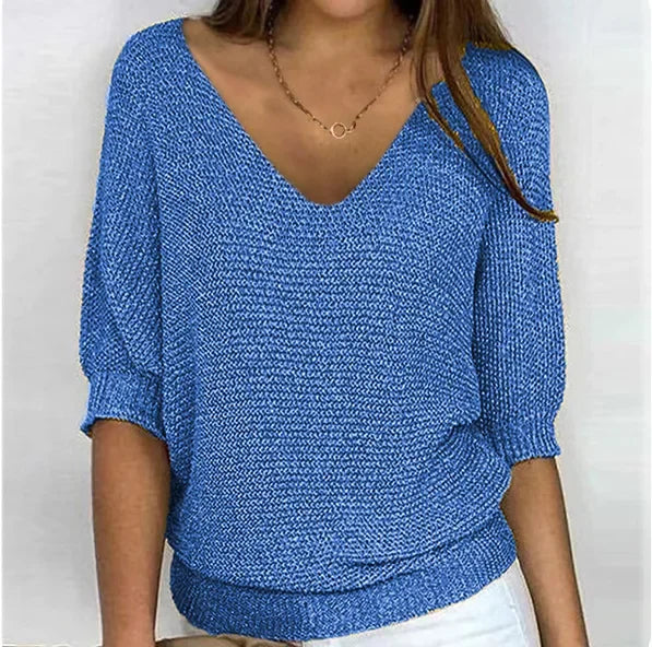 Blue V-neck knit sweater with three-quarter sleeves