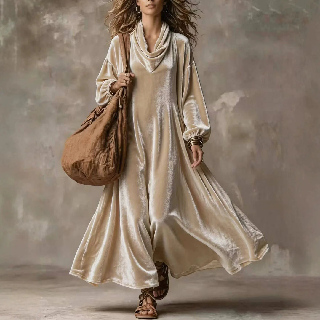 Woman wearing khaki velvet cowl neck maxi dress