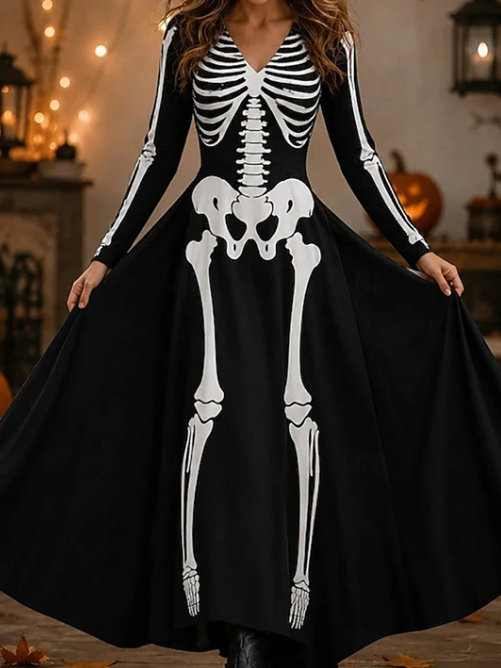 Black maxi dress with white skeleton bone print down front