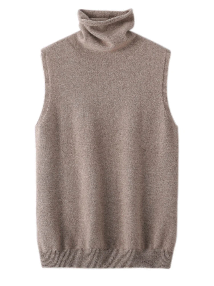Camel sleeveless turtleneck sweater vest, front view