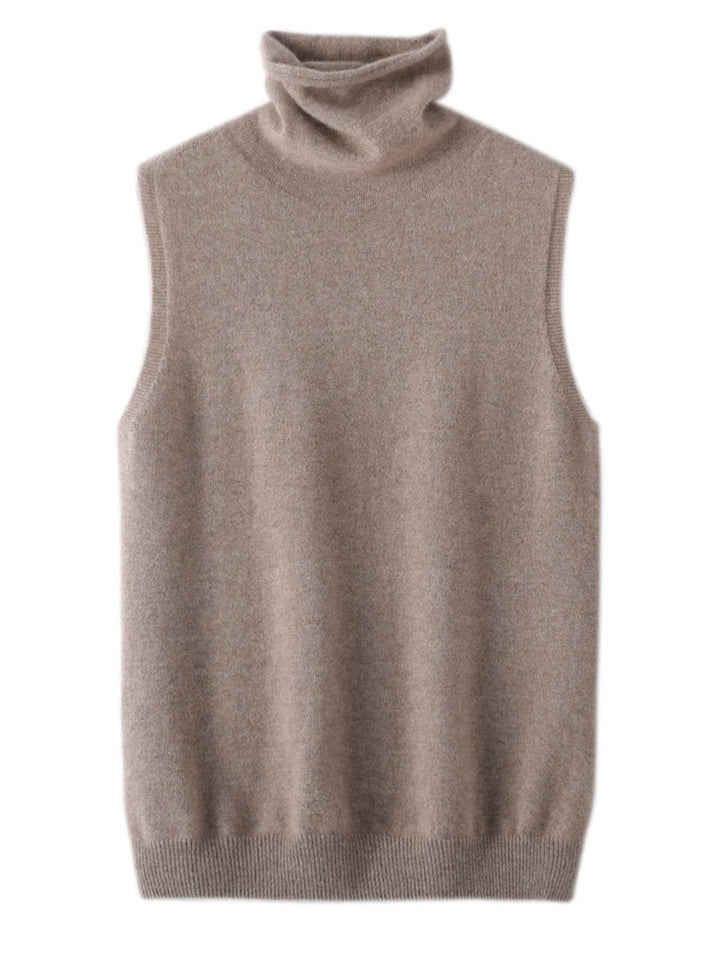 Camel sleeveless turtleneck sweater vest, front view