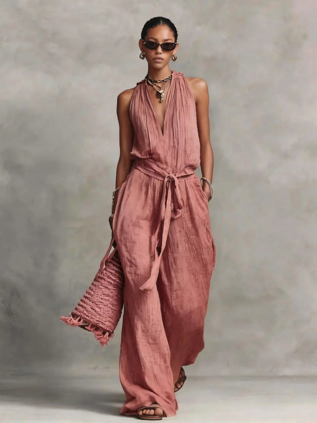 Calyara Front Tie Wide Leg Jumpsuit