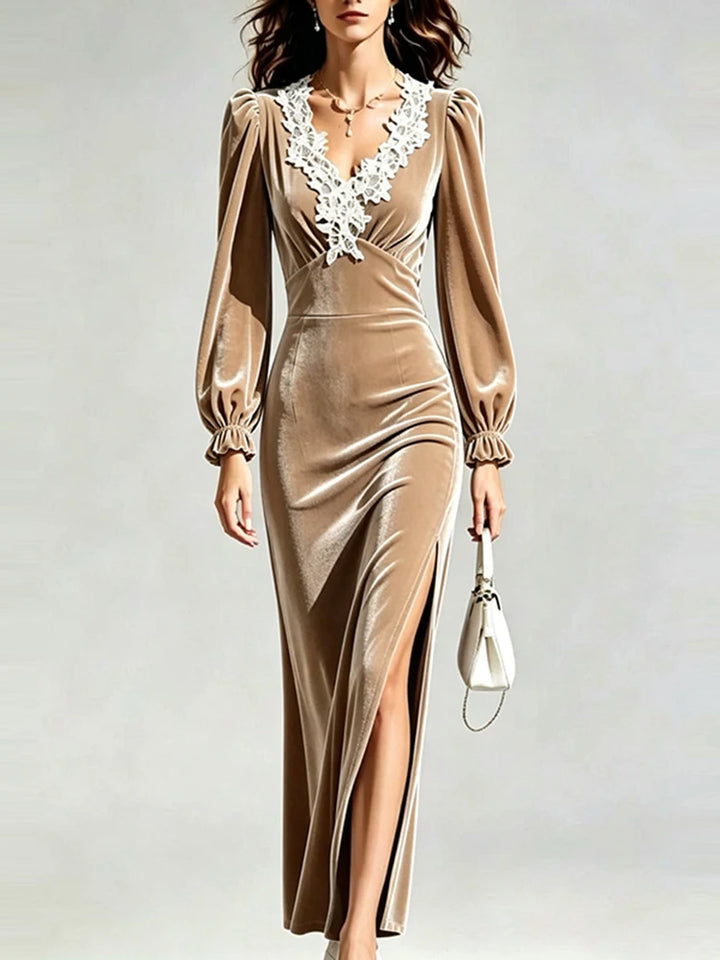 Model in tan velvet maxi dress with lace V-neck and side slit