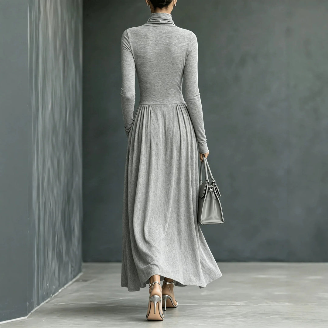 Back view of gray turtleneck sweater dress with gathered A-line skirt