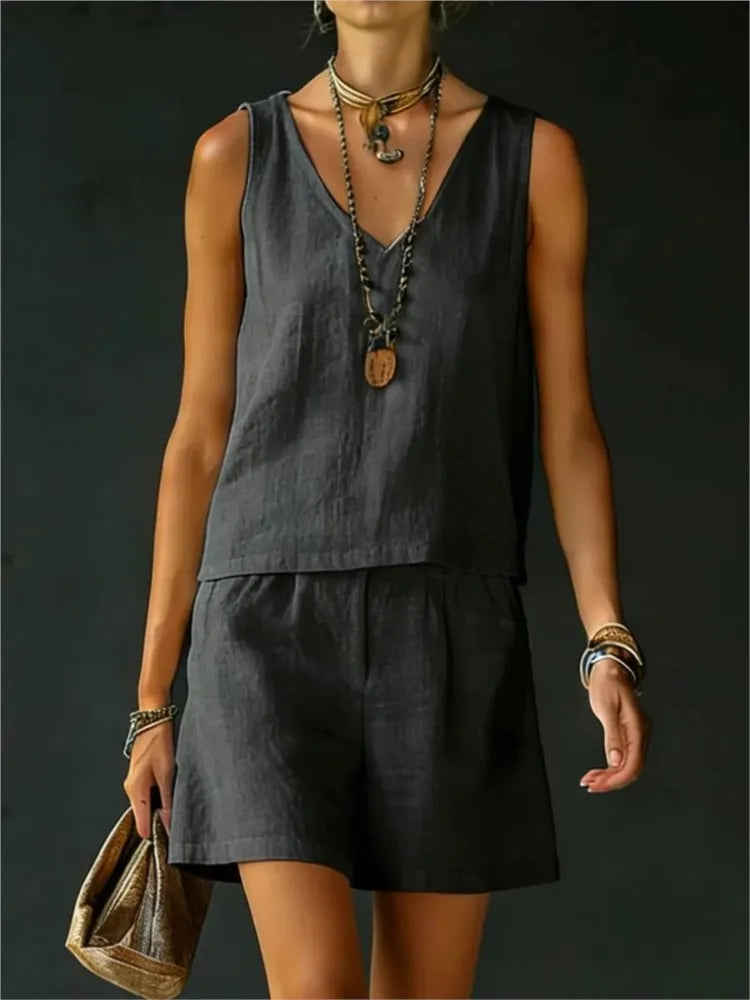 Yasmine Sleeveless V Neck Short Set