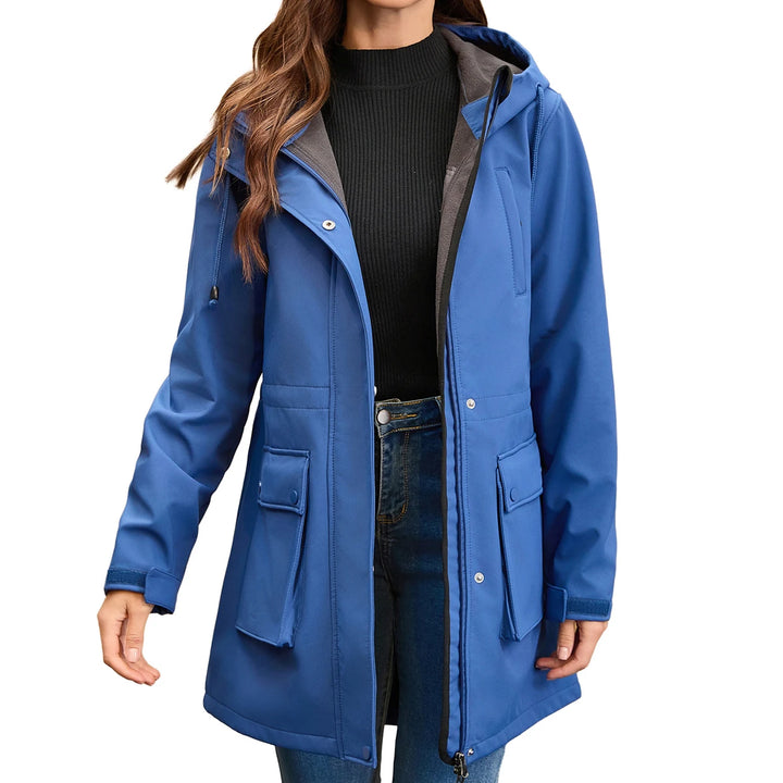 Blue rain jacket open front view showing pockets and zipper